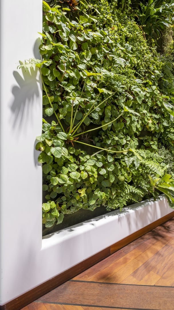 Hochformative-Nahaufnahme-der-lebenden-gruenen-Wand-eingefasst-von-einem-weissen-Corian-Rahmen-und-Holzfussboden-bei-Depesche